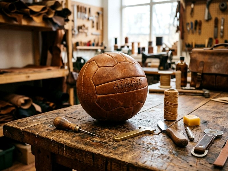 Banco de trabajo del guarnicionero con balón de cuero, lezna y cera de abeja